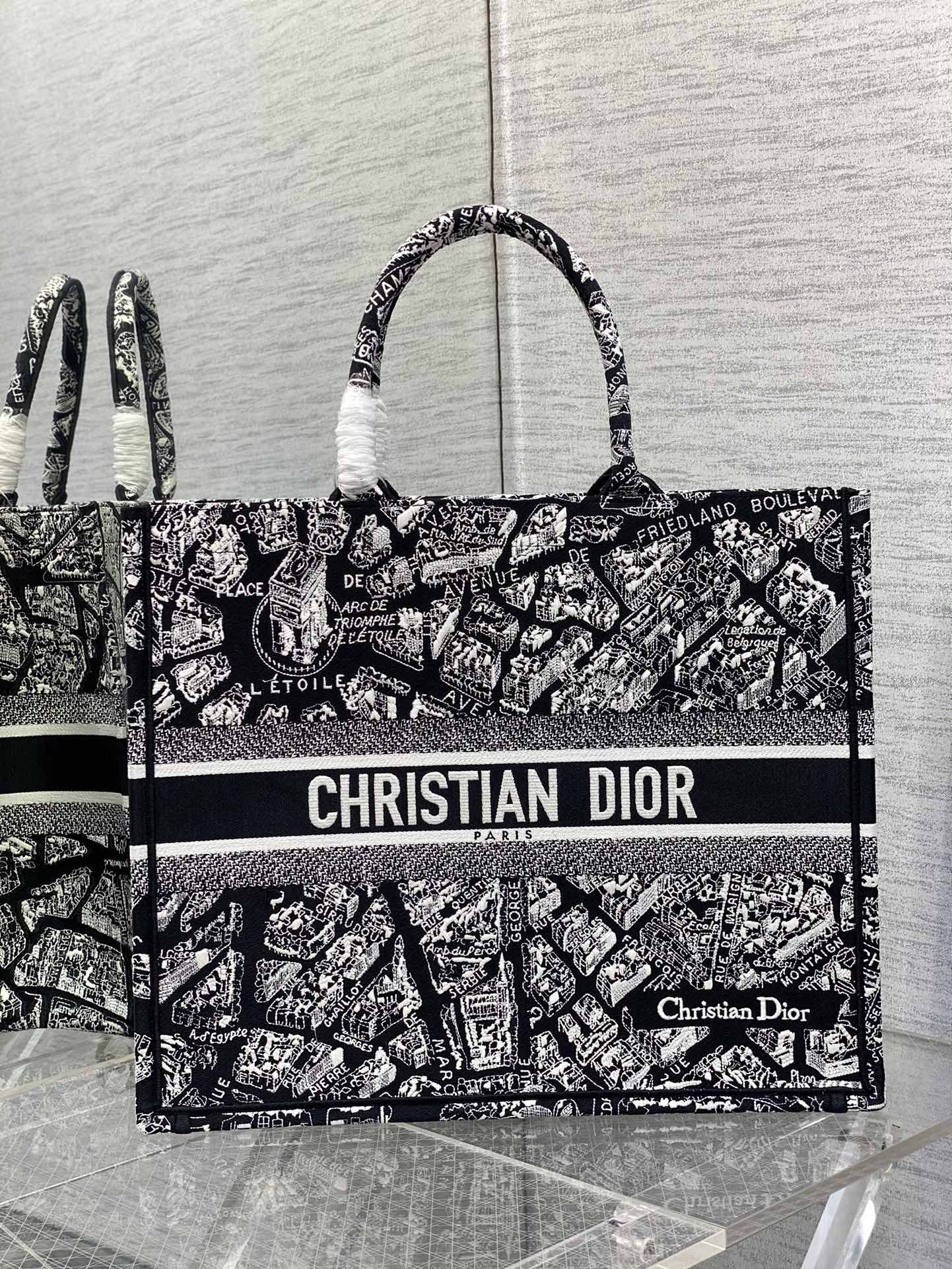 Large Dior Book Tote Bag Beige and Black Plan de Paris Embroidery